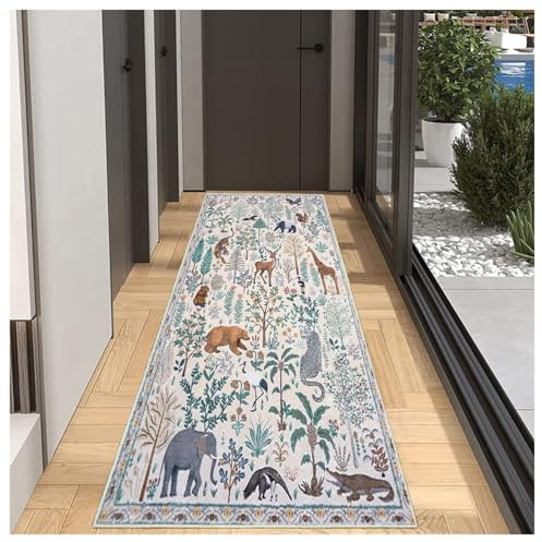 BORKOY Tierdruck Teppich Läufer Flur Lang 40x60cm Grau Waschbar rutschfest Retro Weich Bettvorleger Flurteppich Teppichläufer Küchenläufer Langflurläufer Korridor Schlafzimmer Wohnzimmer