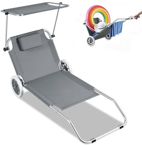 Jaxguom 2-in-1 Aluminium Sonnenliege mit Rollen, Strandliege klappbar leicht rostfrei, Verstellbarer Liegestuhl mit Sonnendach Kissen, Rollliege für Garten Strand, Transporthilfe, Grau