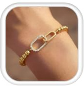 Morfetto Armband Damen Gold Silber, 5 mm Perlenarmband mit Kreuz Schleife Oval Charm, elastischer Schmuck für Damen, filigranes Geschenk für Frauen