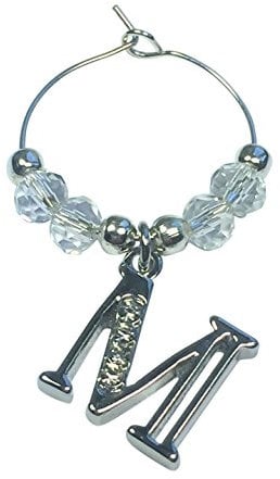 Libby's Market Place Rhinestoned and Personalised Letter M Wine Glass Charm on a Gift Card