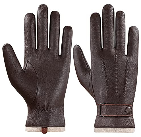 Acdyion Herren Winter Warme Outdoor Lässige Lederhandschuhe rutschfeste Touchscreen Texting Geeignet Wollfutter Weiche Winddicht Handschuhe aus Echtleder (Braun, S)