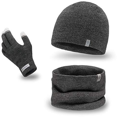 PaMaMi Herren Winter-Set 3-teilig (Handschuhe, Mütze, Loop-Schal) | Dunkelgrauer melange | Handschuhe mit Touchscreen-Funktion, atmungsaktive Mütze und wärmender Loop-Schal in Strickoptik
