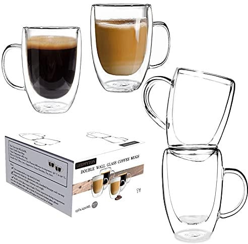 Set of 4 Double Walled Design Glass Tea Coffee Cup with Handles, Lightweight Insulated Double Walled Glasses Heat Resistant Cappuccino Latte Tea Drinking Thermo Mugs (450ml)