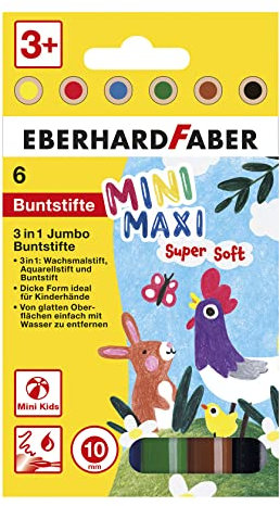 Eberhard Faber 518905 - Jumbo Buntstifte 3in1 mit Wachsmalstift, Aquarellstift und Buntstift, Mini Maxi, 6 Malstifte