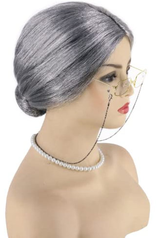 Topcosplay 3er Set Oma Perücke Großmutter Perücke mit Perlenkette Oma Brille Granny Perücke Grau Old Lady Kostüm Set Alte Dame Perücke für Karneval Halloween (Grau)
