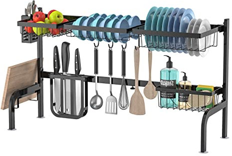 COSTWAY Égouttoir à Vaisselle au-Dessus de l'Évier, avec 4 Paniers et 8 Crochets, Planche à Découper et Porte-ustensiles et Porte-Couteaux, pour Le Rangement du Comptoir de Cuisine