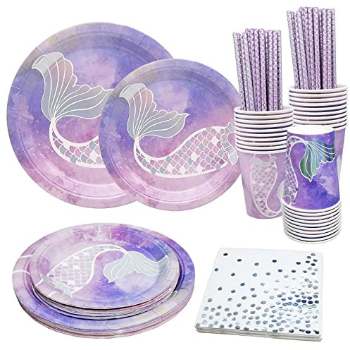 Bymivofun 100 piezas Vajilla de Sirena, para 20 Invitados, Juego de Suministros de Fiesta para Niños de Sirena, para Niños, Cumpleaños, Fiesta Temática, Decoración de Baby Shower
