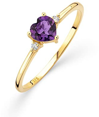 OROVI – Verlobungsring Damen aus 9 Ct Gelbgold (375) mit Amethyst in Herzschliff 0.41 Ct und 0.03 Ct Diamanten – Verlobungsring Edelstein & Brillanten – Hypoallergen & handgefertigt (Gr. 50)
