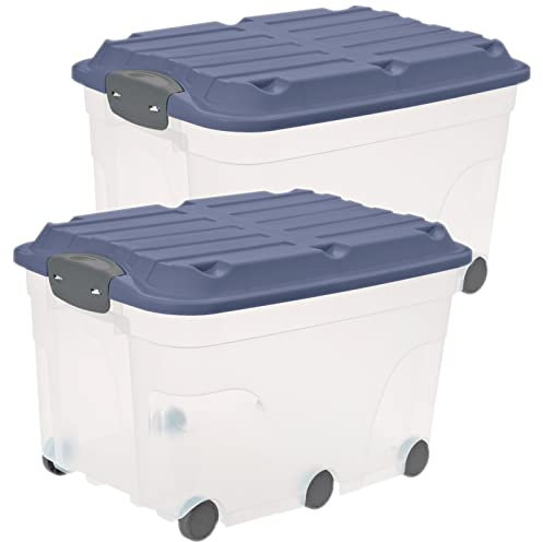 Rotho Roller 6 2er-Set Aufbewahrungsbox 57l mit Deckel und Rollen, Kunststoff (PP) BPA-frei, blau/transparent, 2 x 57l (59.5 x 40.0 x 37.0 cm)
