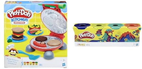 Play-Doh Burger Barbecue Set & 4 Pack of Wild Non-Toxic Colors for Kids 2 Years and Up, 4-Ounce Cans (Dark Blue, Bright Green, Orange, Green)