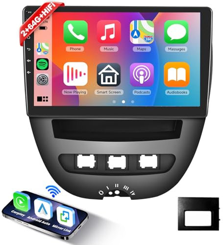 【2+64G】 Hodozzy Android Autoradio für Toyota Aygo/Peugeot 107/Citroen C1 2005-2014 mit Carplay/Android Auto,10.1 Zoll Autoradio Bluetooth WiFi/GPS/HiFi/RDS/FM/USB für IOS