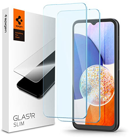 Spigen Glas.tR Slim Schutzfolie kompatibel mit Samsung Galaxy A14 5G, Galaxy A14 4G (LTE), 2 Stück, Kratzfest, 9H Härte Folie