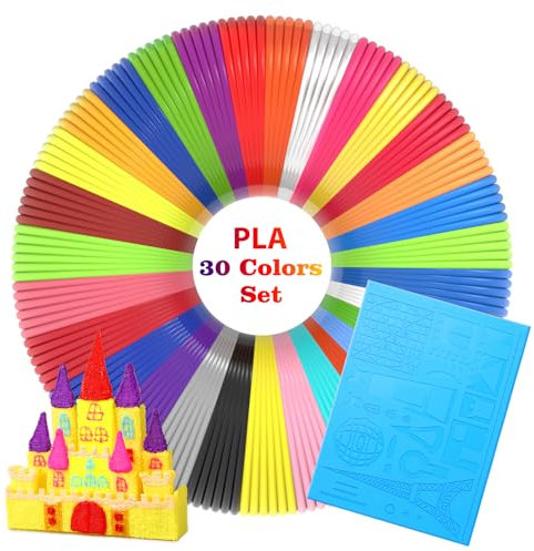 Dikale 3D Druck Stift Zeichenwerkzeug Silikonmatte Schlossmuster Blau Medium mit 1,75mm PLA Filament 30 Farben, jede Farbe 3M für Kinder, 3D Stift Starter Zeichnen Zubehör, 3D-Stift nicht inbegriffen