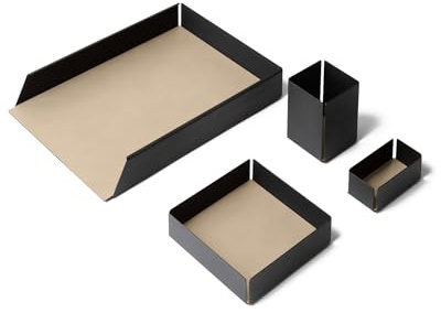 Eglooh - Moire - Schreibtisch Set mit Struktur aus schwarzem Stahl - Innerer Boden aus Leder Beige - 4 Stücken: Taschenleerer, Stiftehalter, Ablagefächer, Visitenkartenhalter
