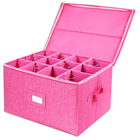 popoly Stemware Storage Cases, Hard Shell Wine Glass Storage Box Containers with dividers for 12 Wine Glasses, Drinkware, Glassware or Crystal 17 x 13 x 10H (Pink)