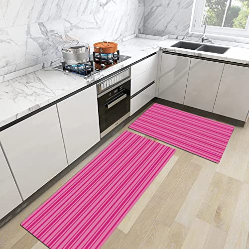 2stk Küchenteppich Waschbar rutschfest Küchenmatte,Hot Pink, Horizontal Fett und dünne Streifen in Pink Tönen Geometrische klassische Kom,Küchenläufer Fußmatte Teppich Läufer Badematten 45x70+45x120cm