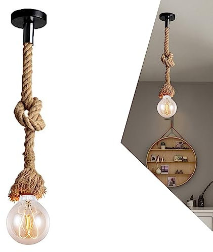 Hanf Seil Single Pendelleuchte, Vintage Seil Lampen Hanfseil Seil Lampe E27 Hängeleuchte Seilleuchte Edison Lampen Hanfseil Hängelampe DIY Kronleuchter für Cafe Restaurant Bar Industrie Retro (200cm)