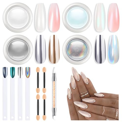 Modelones Chrome Nail Powder Set -4 Metallic Mirror and Pearl Effect Pigment Silver Chrome Powders for Gel Nails, with 1Pcs Silicone Nail Brush, 4Pcs Cotton Swabs and 4Pcs Color Display Sticks