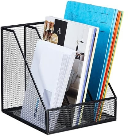 Relaxdays Range-revues, 3 Compartiments, Format A4, Design Maille, HLP 26x24x26 cm, Bureau/télétravail, métal, Noir