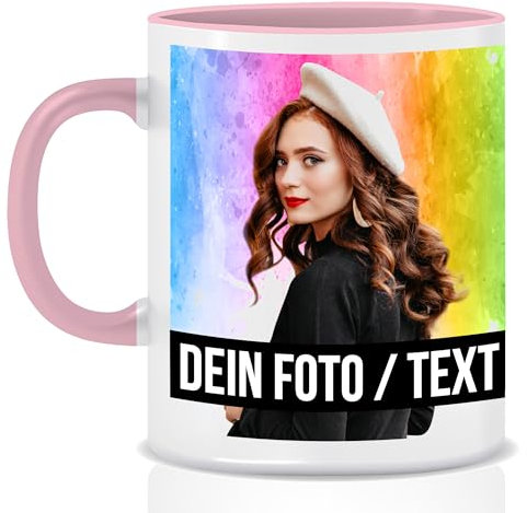 Fototasse selbst gestalten, Keramik - Personalisierte Tasse mit Foto und Text personalisiert mit eigenem Foto Motivtasse Geschenktasse Firmentasse, Pink