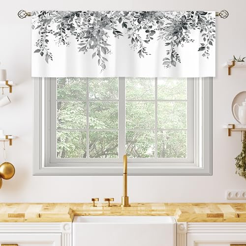 oolygoo Grauer Eukalyptus, botanische Blätter, Volants, Küchenvorhänge, Aquarell, Blume, Fenstervorhänge, Pflanze, botanisch, Schlafzimmer, Badezimmer, Wohnzimmer, Behandlungsstöcke, Stoff, 1 Paneel,