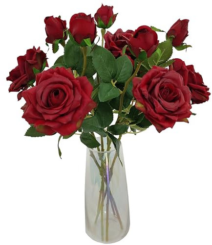 ATFL Künstliche Rosen, künstliche Rosen, Kunstseide, fühlen sich echt an, feuchtigkeitsspendend, für Dekoration, DIY, Hochzeit, Party, Heimbüro, Dekoration und Esstisch, Tafelaufsatz (6, rot)