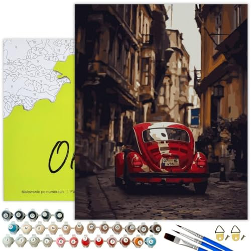 Oh Art! Malen Nach Zahlen Erwachsene Set Mit 3 Pinseln Und Acrylfarben Gemälde Acrylic Malerei DIY Leinwand 40 x 50 cm Rotes Auto