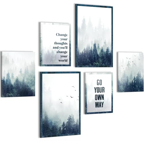 Novart Wandbilder Set Wald im Nebel mit Spruch - KEIN EXTRA RAHMEN BENÖTIGT - Modern Deko - Wohnzimmer Schlafzimmer N018667a