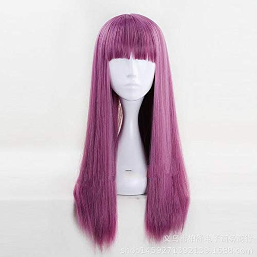 LINLINCD Peluca de cosplay para mujer, 2 veces, 60 cm, mezcla de color lila, flequillo plano, sintética, peluca para mujer, fiesta de Halloween, gorro de peluca, color morado