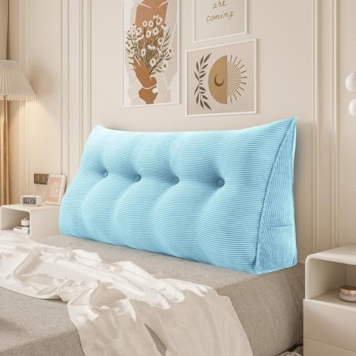 BNCKTRD Rückenkissen Lesekissen für Bett und Couch, Rückenlehne Kopfende, Dreieckiges Sofakissen Bücherkissen, Wandkissen für Bett, mit maschinenwaschbarem Kissenbezug Kordsamt Azurblau 140cm