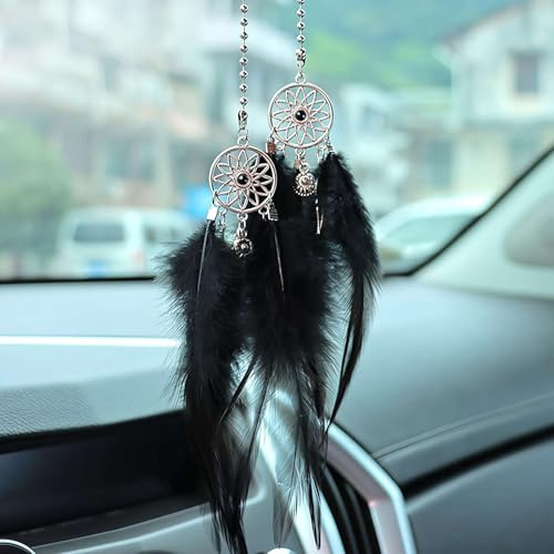 RYGRZJ Mini-Traumfänger, Auto-Innenspiegel, Hängedekoration, Feder-Traumfänger, Boho-Hängeornamente, Kristall-Charm-Anhänger, Zubehör, Geschenk für Mädchen (schwarz)