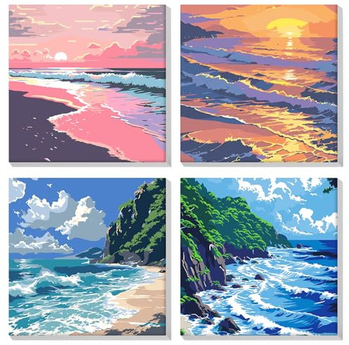 MOGTAA 4 Pack Peinture par Numéros Encadré, Acryliques Peinture par Numéros pour Adultes Débutants, DIY Paysage Peinture par Numéros avec Pinceaux pour Décor de la maison 20x20cm
