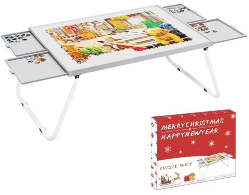 Doerpuz Puzzle Table 1500 Pieces, Metal Frame, 4 Drawers, Rectangular, Grey and White