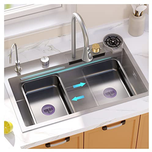 GLMGBP Lavelli da Cucina, lavello da Cucina, lavelli di Servizio Nano Waterfall, Cucina con Combinazione, lavello da Cucina in Acciaio Inossidabile, lavello da Cucina con Lavatrice per Tazze/Grigi