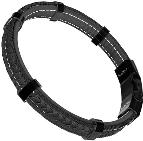 Dada Gioiell - Herrenarmband aus Leder und satiniertem Edelstahl, sportliches Autoreifen und Motoren Design, Geschenkidee für Ihn, Magnetverschluss - grössenverstellbar 20-21cm, Schwarz