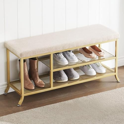 OPULENTHOME Schuhregal mit Sitzfläche, 3 Ebenen Schuhbank Gepolstert 100 x 32 x 48cm, Sitzbank Gold mit Verstellbaren Füßen Metallbeine,für Wohnzimmer, Schlafzimmer, Flur