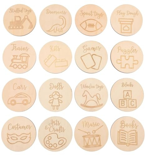 Nicear 16 Pack Round Wooden Storage Labels for Organization and Sorting Wooden Labels for Storage Bins and Boxes Home Office Organization Tags