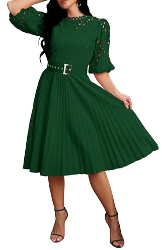 IWFEV Lace Pleated Dress Puff Sleeve Mid-Calf Short Sleeve Midi Hollow Party Evening Dress XL Green