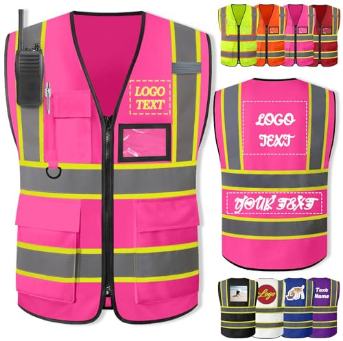 Xsersao Gilet Sécurité Personnalisé Avec Logo Gilet Réfléchissant Personnalisé Gilets de Sécurité Haute Visibilité Bicolores pour Hommes et Femmes Travaillant, Rose