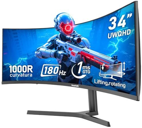 Gawfolk Gaming Computer Monitor 34 Inch Ultra Wide Curved 180Hz 1000R PC Display 21:9 UWQHD (3440 x 1440), 1ms, 100% sRGB, Adaptive Sync, HDMI, Port