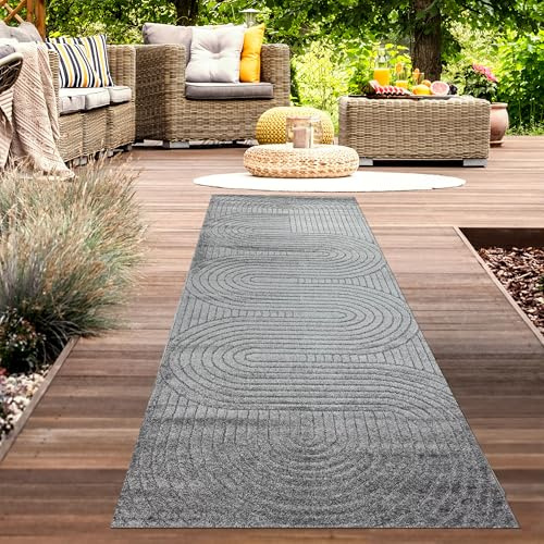 CARPETIA In- & Outdoor Teppich Boho-Struktur Anthrazit Wetterfest 80x250 cm | Pflegeleicht, wetterbeständig, strapazierfähig und schadstofffrei, OEKO-TEX geprüft, für beheizte Böden & Außenbereiche
