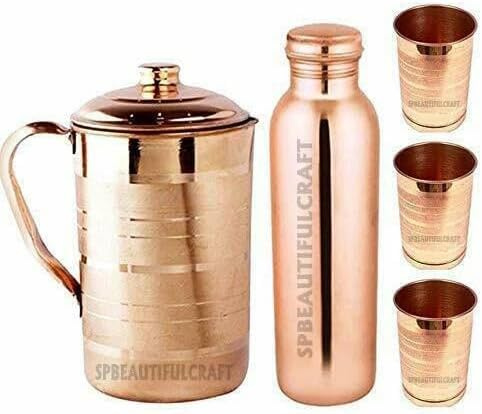 HRS India Ensemble complet de 5 verres à eau 100 % cuivre avec pichet 2 litres, bouteille d'eau en cuivre de 900 ml, 3 verres à eau de 300 ml