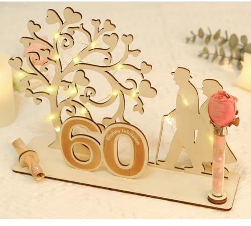 ARTREE Holz Geldgeschenk 60 Jahre Ehe – Diamantene Hochzeit Deko mit Herzbaum & LED – Geschenkidee zum 60. Hochzeitstag
