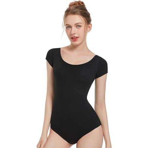Spoxiyue Women's Dance Leotard, Black Nylon-Spandex Ballet Bodysuit, Scoop Neck Tank Style, Soft Knit Fabric, Youth to Adult Sizes