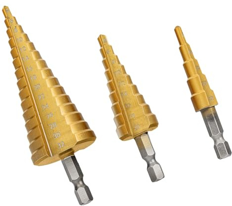 ⛬ DURI Professional Step Drill Bit Set, 3-Pack | 4-12/20/32mm, Titanium HSS, Hex Shank, Cone Cutter for Metal, Wood, Plastic & Sheet Steel