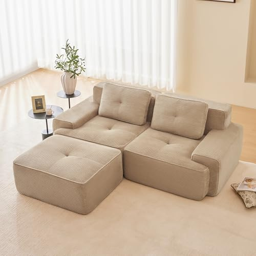 Dolamaní Boneless Modular 2-Sitzer-Sofa + 1 Hockern Cord, montagefrei, Tiefem Sitz, L-förmiges, modernes Ecksofa Eckcouch Couch für Wohnzimmer/Schlafzimmer/Büro/Wohnung (Beige)