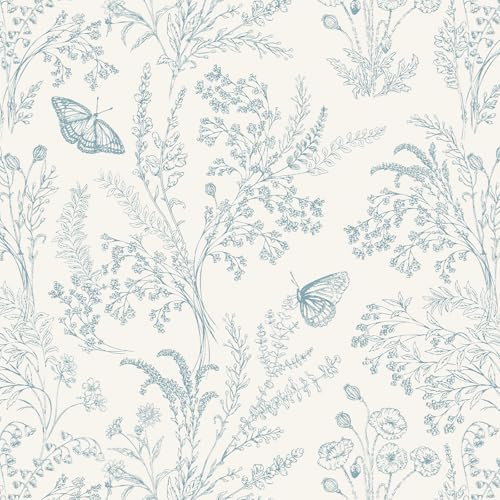 Fiula Peel and Stick White Blue Floral Wallpaper 44x300cm - Waterproof Self Adhesive Vinyl, Flower Leaf Butterfly Design for Walls Cabinets Home Decor