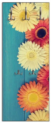 Wallario Wandgarderobe aus Holz in Größe 50 x 125 cm in Premium-Qualität, Motiv: Bunte Gerbera auf Holz | 5 Kleiderhaken zum Aufhängen