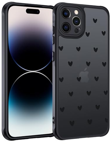 Handyhülle für iPhone 14 Pro Hülle Herz Muster Matt Schutzhülle, Schwarz | Aesthetic Motiv Herz Muster Design Transluzente Schlanke Hart Case Kratzfeste PC Rückseite + TPU Bumper Stoßfest Schutzhülle