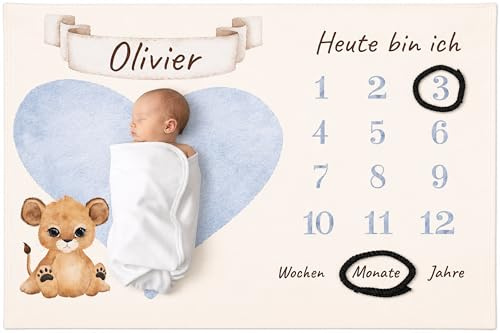 Pictogogo Personalisierte Babydecke mit Namen und Datum - Kuschelige Meilensteindecke aus Minky-Fleece, Ideal als Geburtsgeschenk (Deutsch) (Meilensteindecke Deutsch)